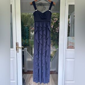 Betsy & Adam Evening Gown Navy Blue Sz 4 Ruffled Stretch Wedding Prom Formal